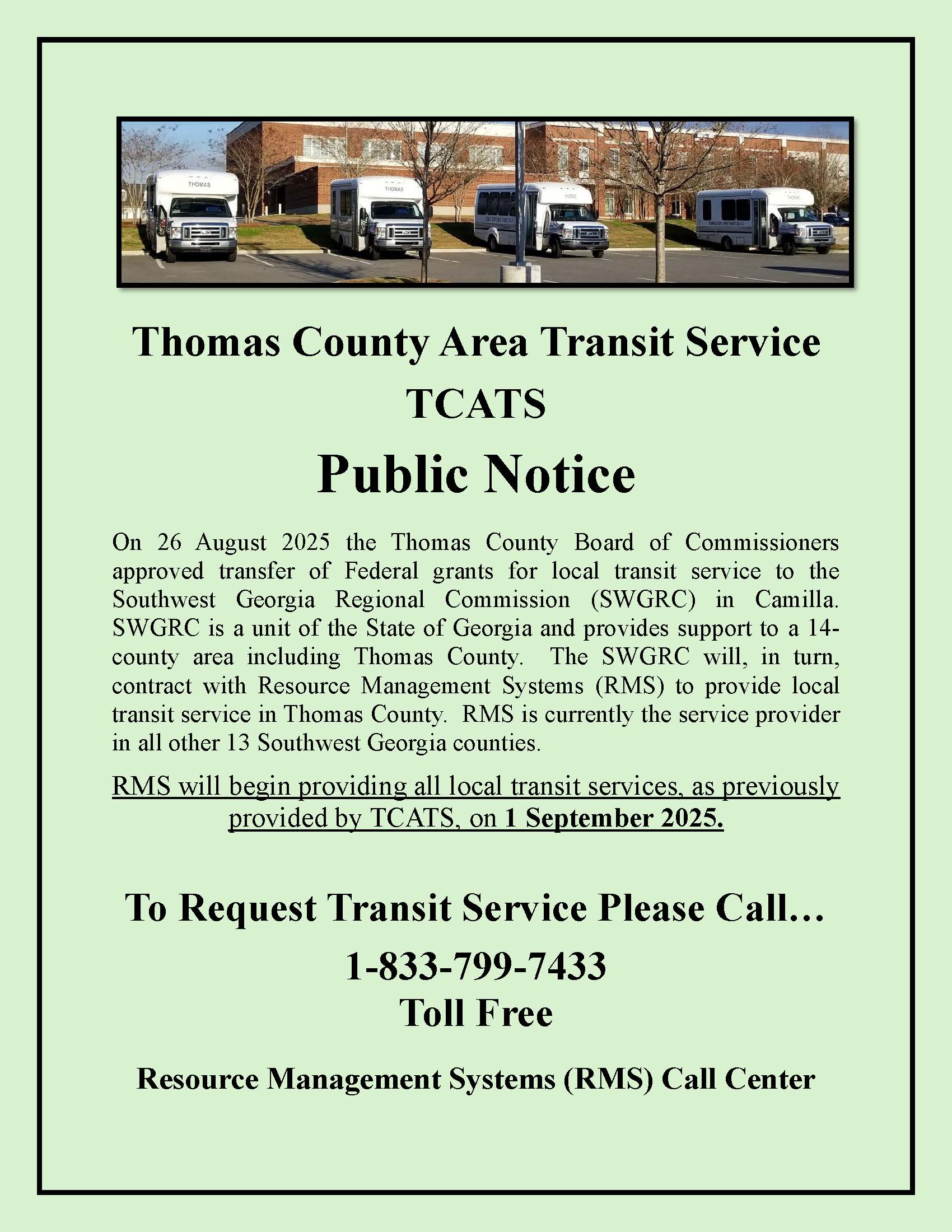 Photo for THOMAS COUNTY AREA TRANSIT SERVICE TCATS-PUBLIC NOTICE-